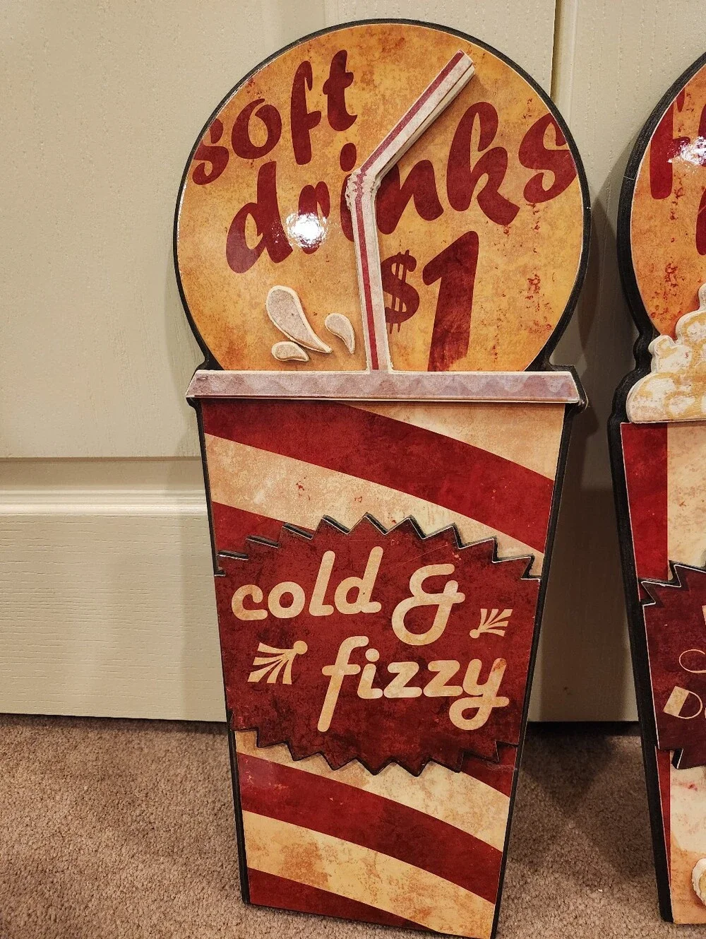 Vintage-Style Red & Cream Popcorn and Soft Drink Wood Wall Signs - Set of 2